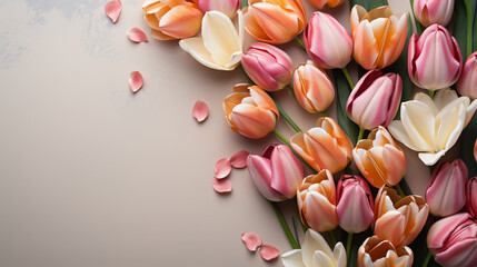 Mother's Day decorations concept. Top view photo of pink tulips and heart shaped sprinkles on isolated pastel background with copyspace