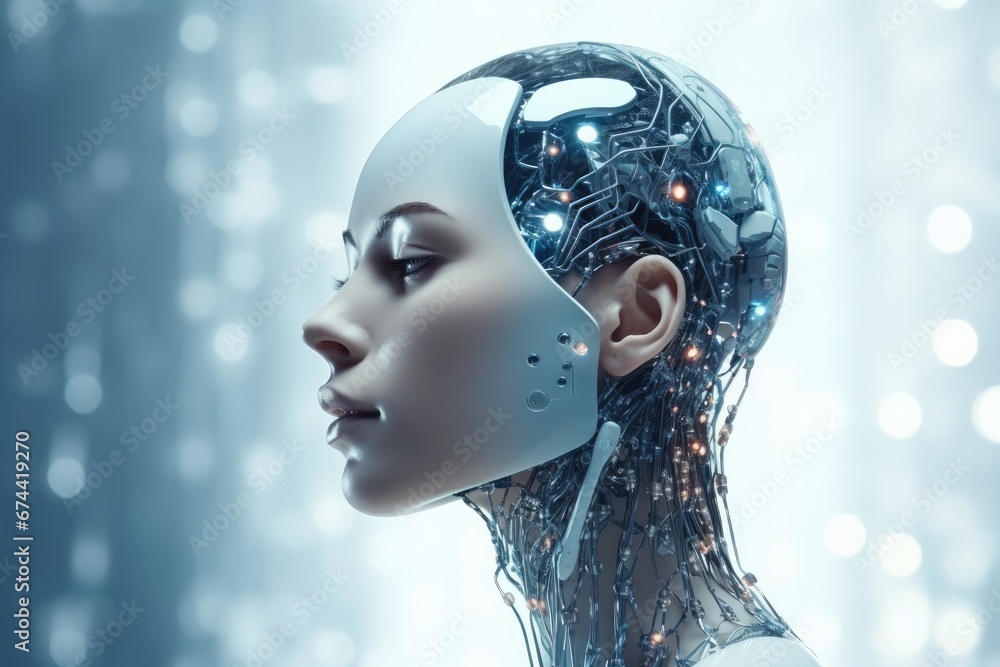 Poster 3d rendering of a female cyborg in front of a blue background, modern ai robot close up view portrai