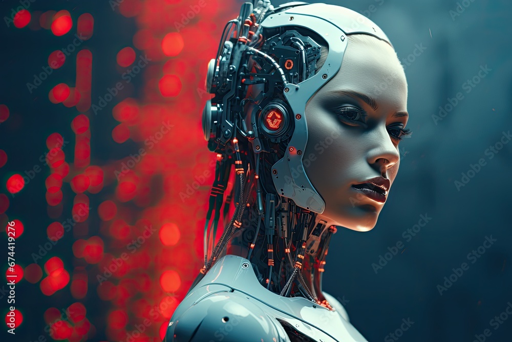 Poster 3d rendering of a female robot with red lights in the background, modern ai robot close up view port
