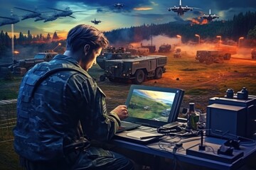 Military man with a computer in his hands on the background of military equipment, Mobile military base, soldier engineer transmits aerial pictures and data from drone to artillery, AI Generated - obrazy, fototapety, plakaty