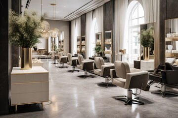 Interior of a luxury hotel lobby. 3d rendering, 3d illustration, Modern and elegant interior design of professional beauty salon and spa with luxury styling chair, AI Generated