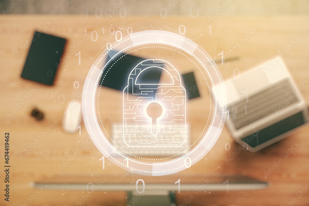Poster creative light lock illustration with microcircuit on modern computer background, cyber security con