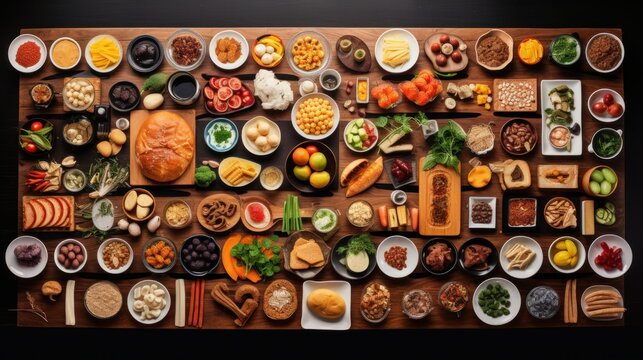 A large collection of different kinds of foods on a wood table. Food is communal. It’s international. It crosses cultural boundaries where most photography is limited. Generative AI