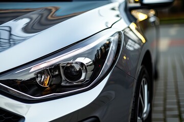 Close up of the headlight of a modern car. Selective focus, Modern silver car parking on the road....
