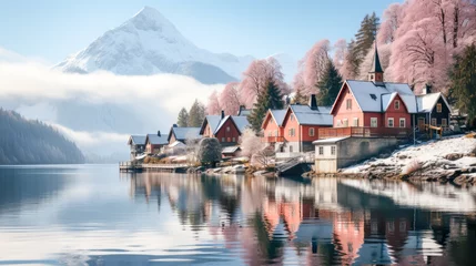 Poster Noord-Europa Scandinavian winter peaceful landscape of foggy morning in a Norwegian fjord village, with soft pastels of the houses reflecting in calm water. Beautiful mountain landscape in winter