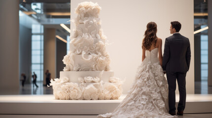 Standing together. Bride and groom at a large white wedding cake