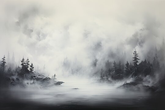 Foggy forest landscape with a river in the foreground. Digital painting, monochromatic painting depicting a hazy atmosphere filled with smoke, AI Generated