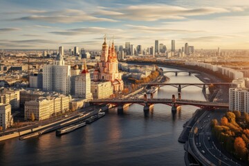 Fototapeta na wymiar Panoramic view of Moscow and the Spassky Bridge, Moscow skyline with the historical architecture skyscraper and Moskva River and Arbat street bridge, Aerial view, AI Generated
