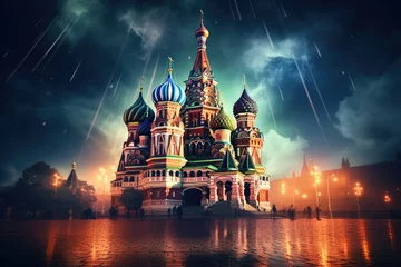 Poster Moskou St. Basil's Cathedral on Red Square at night, Moscow, Russia, Moscow St. Basil's Cathedral Night Shot, AI Generated