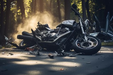 Broken motorcycle on the road after a car accident in the forest, Motorcycle bike accident and car crash, broken and wrecked moto on road, AI Generated - obrazy, fototapety, plakaty