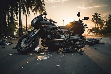 Motorcycle crash on the road in the city with sunset background, Motorcycle bike accident and car crash, broken and wrecked moto on road, AI Generated - obrazy, fototapety, plakaty