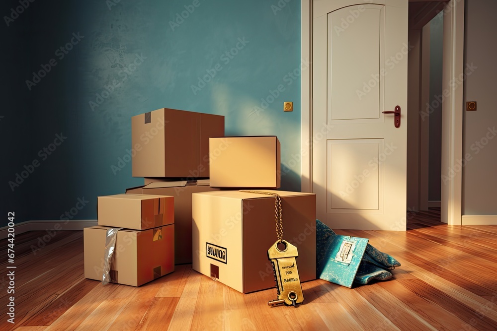 Poster moving boxes with keys in empty room. 3d rendering and illustration, moving house, relocation. the k