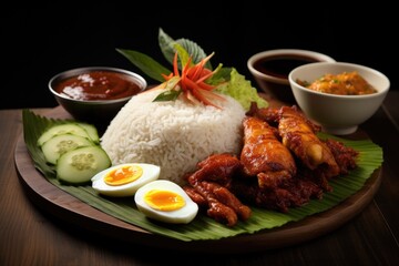 Rice topped with stir-fried chicken wings and served with boiled egg, Nasi Lemak wrapped in banan leaf. Malaysian Food and Malaysia Flag, AI Generated
