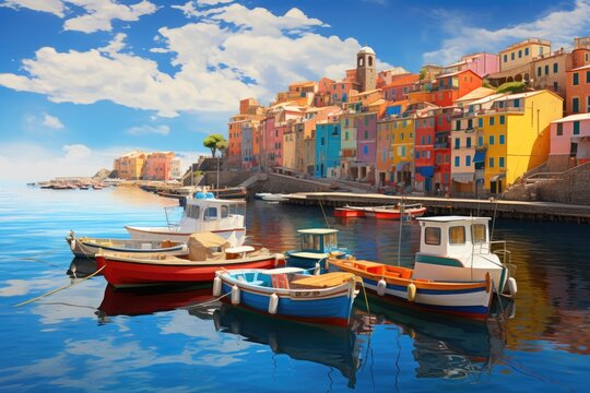 Colorful houses and boats in Riomaggiore, Cinque Terre, Italy, Mystic landscape of the harbor with colorful houses and the boats in Porto Venero, Italy, AI Generated