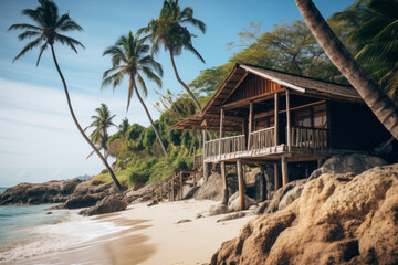 Bungalow at coast island, beach of sea, palms