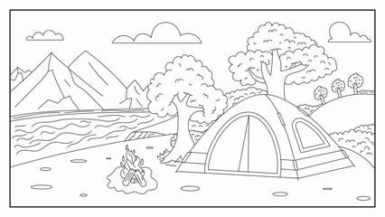Tent on the River Bank Coloring Page Illustration For Kid