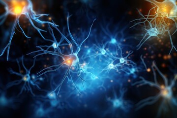3d illustration of neuron cell with neurons and nervous system, abstract background, Neurons and nervous system. Nerve cells background with copy space, AI Generated - obrazy, fototapety, plakaty