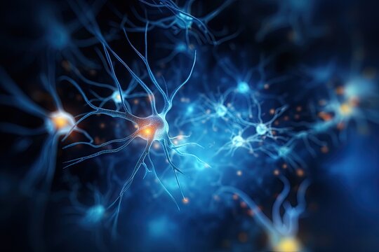 Neuron cell, 3D illustration, computer generated, abstract background, Neurons and nervous system. Nerve cells background with copy space, AI Generated