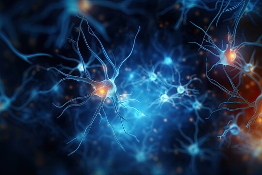Neuron cell, 3d illustration, computer generated, scientific background, Neurons and nervous system. Nerve cells background with copy space, AI Generated