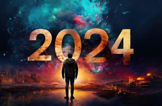 Man looking at the number 2024 on the background of a colorful explosion, Happy New Year 2024 written with Sparkle firework on Black background, AI Generated