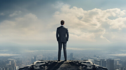 Back view of businessman that is standing on top and looking at distant city