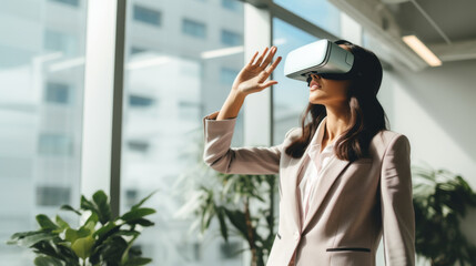 Businesswoman in formal suit is using virtual reality glasses in the office