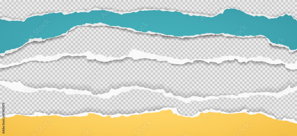 Poster torn, ripped turquoise and yellow paper strips with soft shadow are on squared background for text.