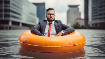 Businessman is in an inflatable ring