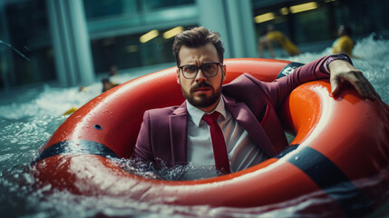 Businessman is in an inflatable ring - obrazy, fototapety, plakaty