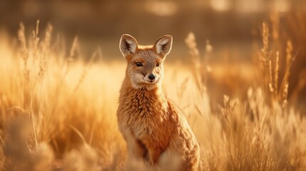 A Chinese Water Deer basking in the golden sunlight, its fur glistening with dew in the early morning.