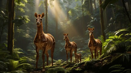 A family of Okapis, peacefully foraging for food in the heart of the rainforest, their beauty revealed in full ultra HD splendor.