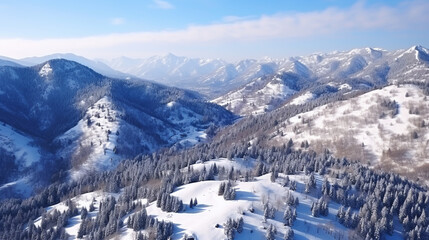 Natural winter landscape aerial drone top view.. Winter season weather
