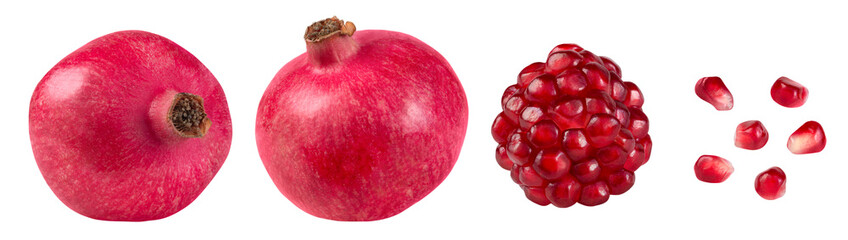 Set of whole pomegranates and seeds isolated on transparent background.