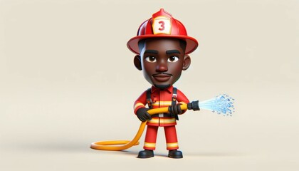 Confident Black Male Firefighter with Fire Hose, Animated 3D Caricature, Emergency Responder Theme