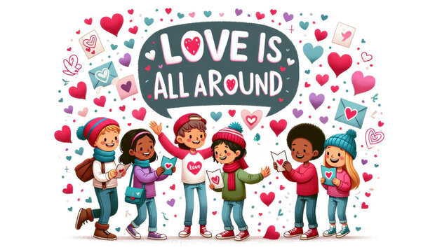 Inclusive Valentine's Celebration: Cartoon Children Exchanging Cards, 'Love is All Around' Banner