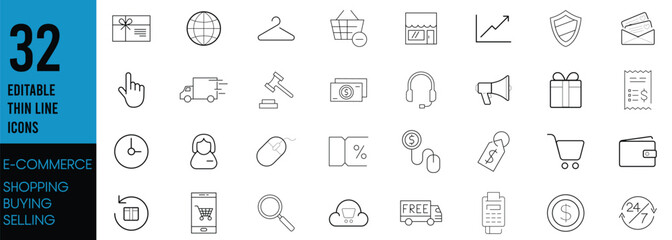 Set of E-commerce, shopping lines web icons. Shopping Cart, Present and Sale discount. Online buying linear symbols set