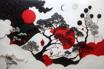 Create cool Asian Design red white black with tress and The Moon 