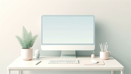 Modern Minimalist Workspace with Desktop Computer and Plant, Fresh Pastel Toned Office Illustration