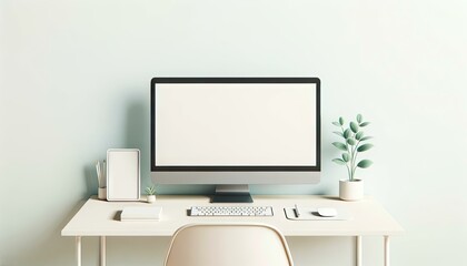 Sleek and Simple Home Office Setup with Wireless Technology and Greenery, Pastel Color Illustration