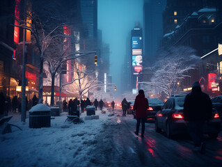 Busy street with snow. A snowy cityscape with a winter feel. A city with a lot of snow. Generative AI