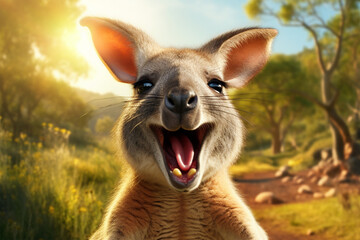 photo of a kangaroo laughing - obrazy, fototapety, plakaty