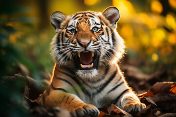 photo of a tiger laughing - obrazy, fototapety, plakaty