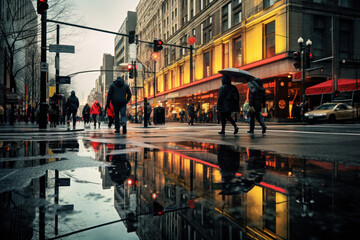 People strolling in city on rainy overcast day