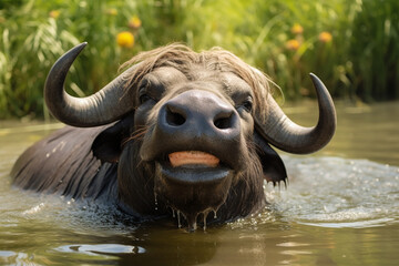 a cute buffalo is laughing