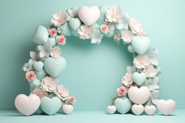 Pastel-colored hearts and paper flowers against a soft teal background, exuding a romantic and celebratory vibe perfect for wedding and love designs.
