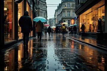 People with umbrellas strolling in city during rainstorm