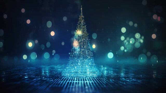 Closeup of a festive Christmas tree made entirely out of pixelated lights, glowing against a dark blue digital background.