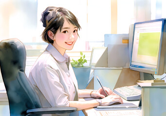 笑顔で仕事をする女性事務員