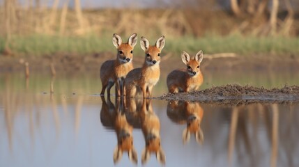 A group of Chinese Water Deer by the water's edge, their reflections perfectly mirrored on the still surface.