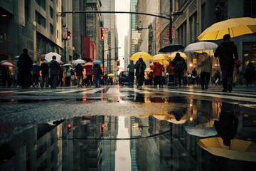 Crowded city street with puddles after rain